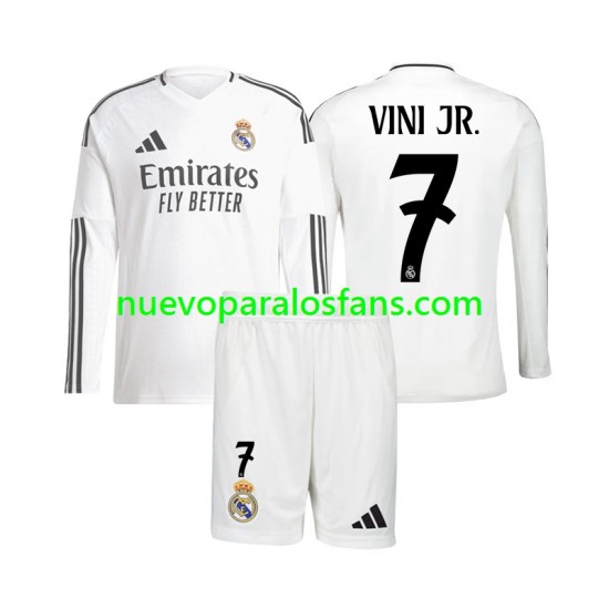 Camiseta de Fútbol Real Madrid Vinicius Junior 7 Niño Casa 2024-2025 Manga Larga