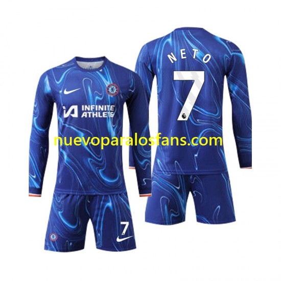 Camiseta de Fútbol Chelsea Neto 7 Niño Casa 2024-2025 Manga Larga