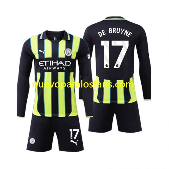 Camiseta de Fútbol Manchester City Kevin De Bruyne 17 Niño Exterior 2024-2025 Manga Larga