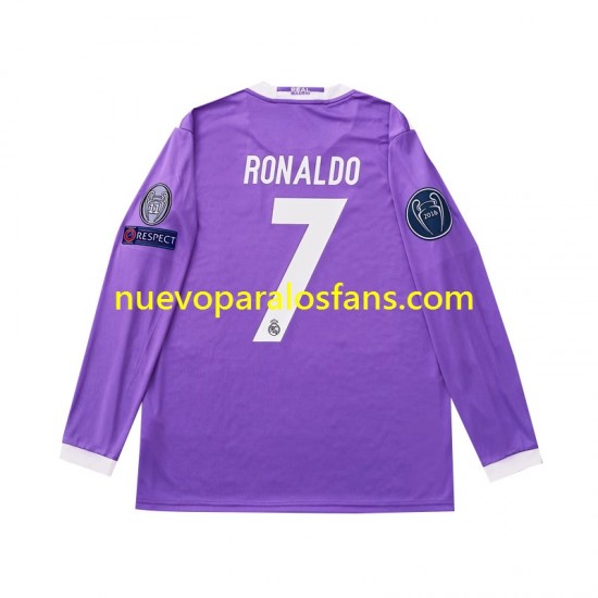 Camiseta de Fútbol Real Madrid Cristiano Ronaldo 7 2016 Retro Hombre Exterior Manga Larga