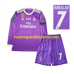 Camiseta de Fútbol Real Madrid Cristiano Ronaldo 7 2016 Retro Niño Exterior Manga Larga
