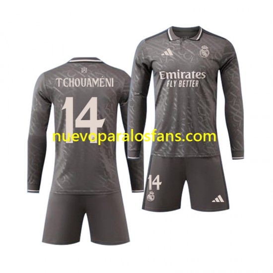 Camiseta de Fútbol Real Madrid Tchouameni 14 Niño Exterior 2024-2025 Manga Larga