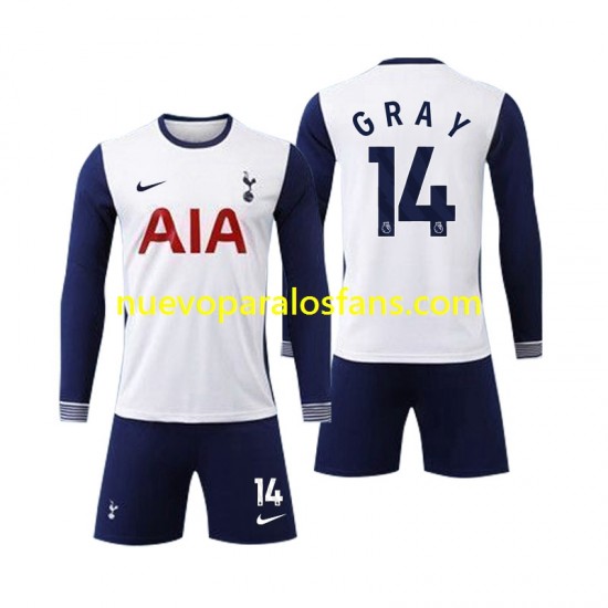 Camiseta de Fútbol Tottenham Spurs Gray 14 Niño Casa 2024-2025 Manga Larga