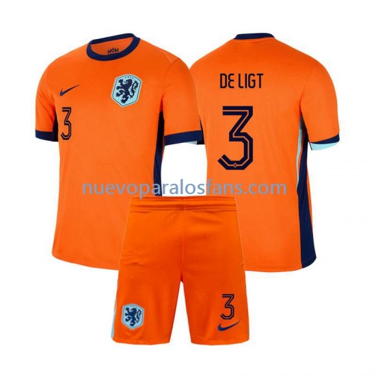 Camiseta de Fútbol Países Bajos Matthijs de Ligt 3 Niño Casa Euro 2024 Manga Corta