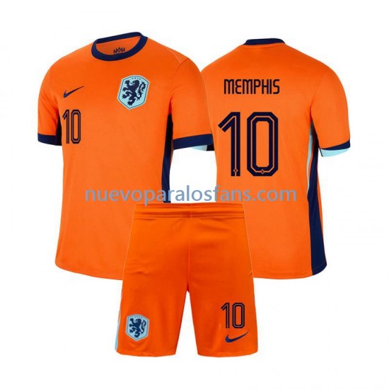 Camiseta de Fútbol Países Bajos Memphis Depay 10 Niño Casa Euro 2024 Manga Corta