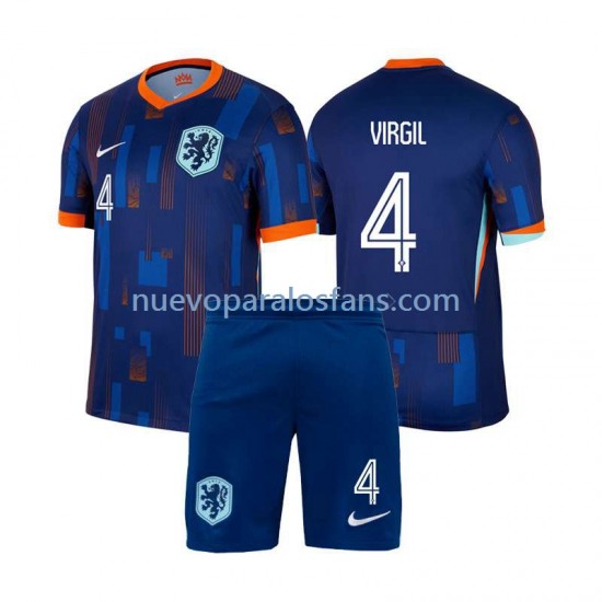 Camiseta de Fútbol Países Bajos Virgil van Dijk 4 Niño Exterior Euro 2024 Manga Corta