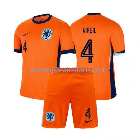 Camiseta de Fútbol Países Bajos Virgil van Dijk 4 Niño Casa Euro 2024 Manga Corta