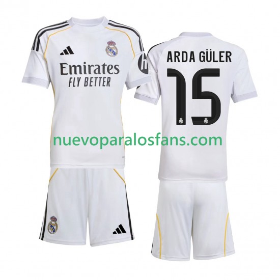 Camiseta de Fútbol Real Madrid Arda Guler 15 Niño Casa 2025-2026 Manga Corta