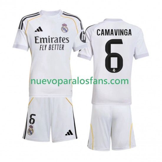 Camiseta de Fútbol Real Madrid Camavinga 6 Niño Casa 2025-2026 Manga Corta