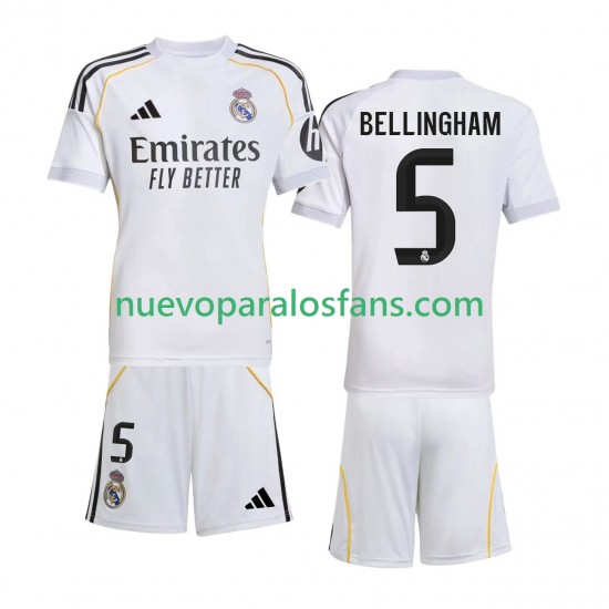 Camiseta de Fútbol Real Madrid Jude Bellingham 5 Niño Casa 2025-2026 Manga Corta