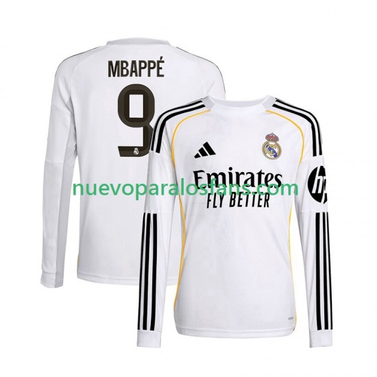 Camiseta de Fútbol Real Madrid Mbappé Kylian 9 Hombre Casa 2025-2026 Manga Larga