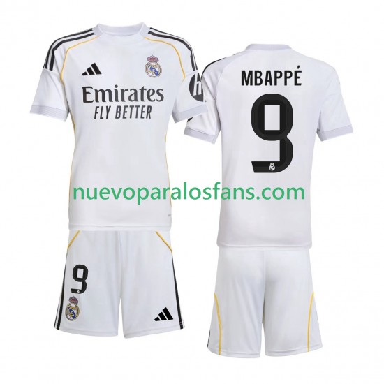 Camiseta de Fútbol Real Madrid Mbappé Kylian 9 Niño Casa 2025-2026 Manga Corta