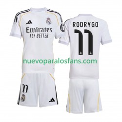 Camiseta de Fútbol Real Madrid Rodrygo 11 Niño Casa 2025-2026 Manga Corta