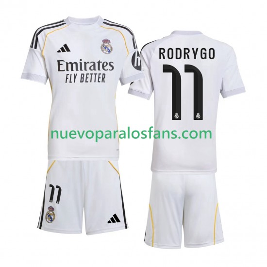 Camiseta de Fútbol Real Madrid Rodrygo 11 Niño Casa 2025-2026 Manga Corta