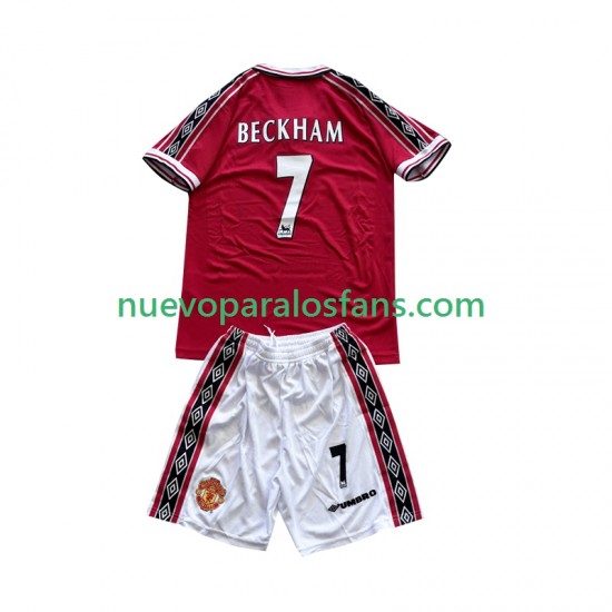 Camiseta de Fútbol Manchester United Beckham 7 Retro Niño Casa 1998 1999 Manga Corta