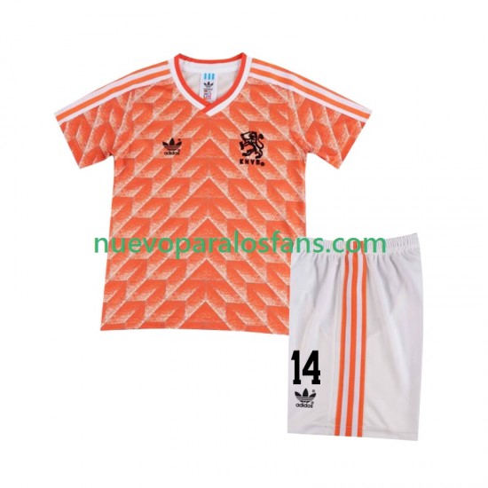 Camiseta de Fútbol Países Bajos Cruyff 14 1988 Retro Niño Casa Manga Corta