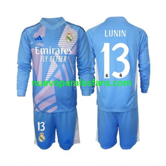 Camiseta de Fútbol Real Madrid Andriy Lunin 13 Portero Niño Casa 2024-2025 Manga Larga