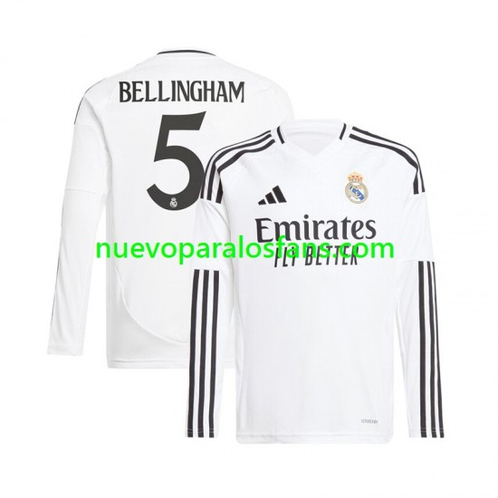 Camiseta de Fútbol Real Madrid Jude Bellingham 5 Hombre Casa 2024-2025 Manga Larga