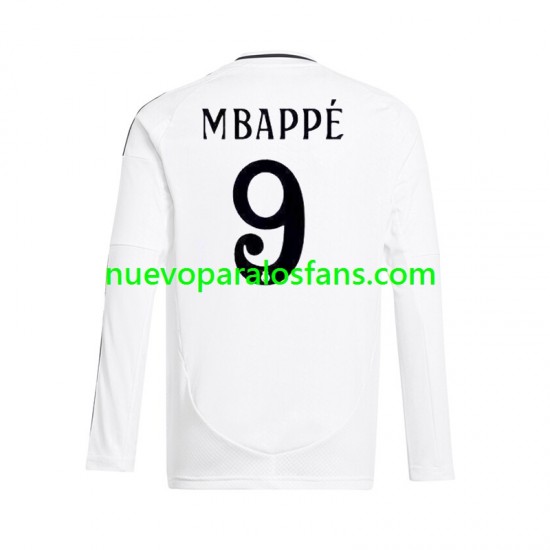 Camiseta de Fútbol Real Madrid Mbappé Kylian 9 Hombre Casa 2024-2025 Manga Larga