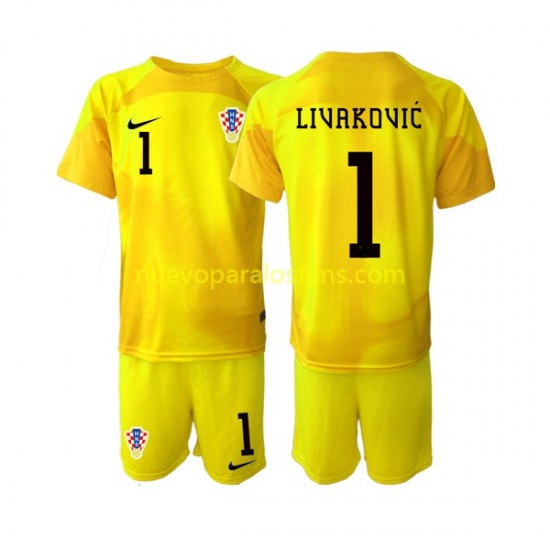 Camiseta de Fútbol Croacia Dominik Livakovic 1 Portero Niño Casa Copa Mundial 2022 Manga Corta