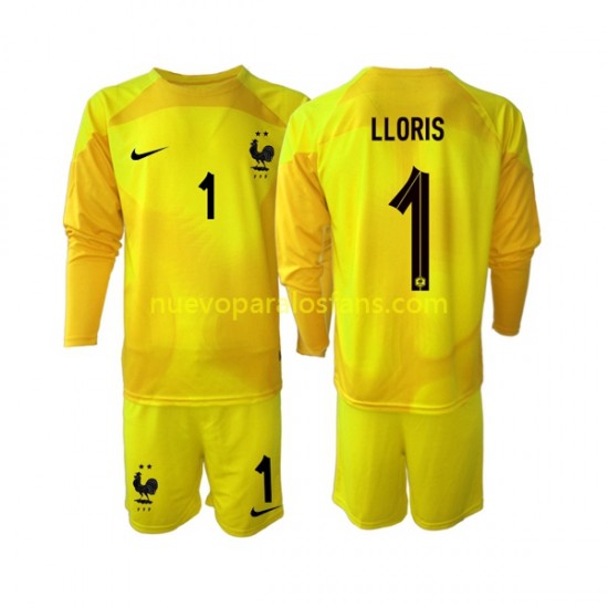 Camiseta de Fútbol Francia Hugo Lloris 1 Portero Niño Tercera Copa Mundial 2022 Manga Larga