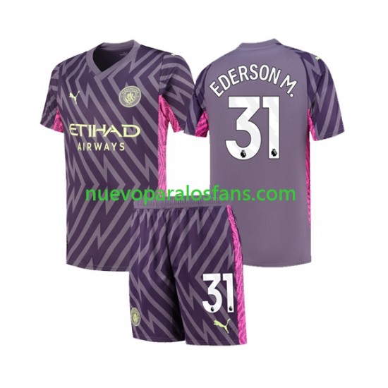 Camiseta de Fútbol Manchester City Ederson Moraes 31 Portero Niño Exterior 2023-2024 Manga Corta