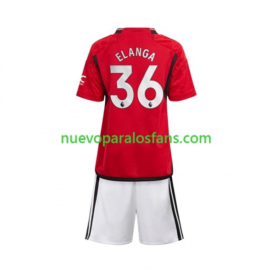 Camiseta de Fútbol Manchester United Anthony Elanga 36 Niño Casa 2023-2024 Manga Corta