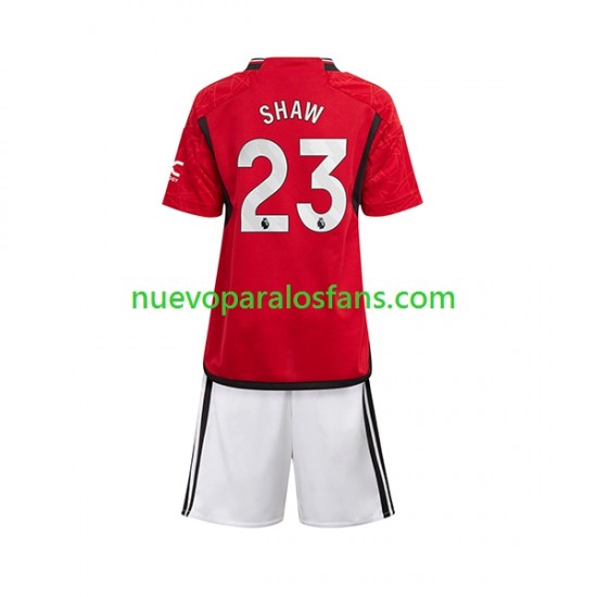 Camiseta de Fútbol Manchester United Luke Shaw 23 Niño Casa 2023-2024 Manga Corta