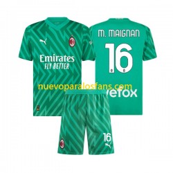 Camiseta de Fútbol AC Milan Mike Maignan 16 Portero Niño Casa 2023-2024 Manga Corta