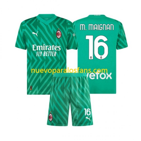 Camiseta de Fútbol AC Milan Mike Maignan 16 Portero Niño Casa 2023-2024 Manga Corta