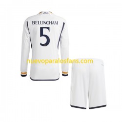 Camiseta de Fútbol Real Madrid Jude Bellingham 5 Niño Casa 2023-2024 Manga Larga