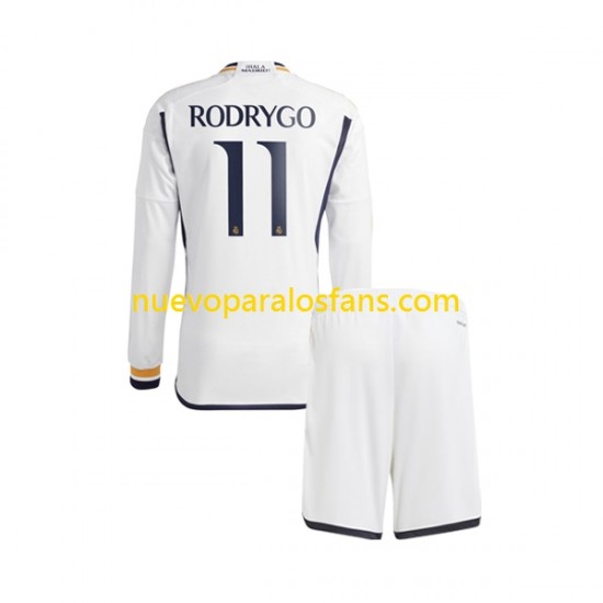 Camiseta de Fútbol Real Madrid Rodrygo Goes 11 Niño Casa 2023-2024 Manga Larga