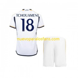 Camiseta de Fútbol Real Madrid TCHOUAMENI 18 Niño Casa 2023-2024 Manga Corta