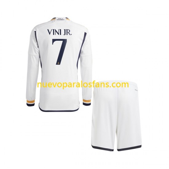 Camiseta de Fútbol Real Madrid Vinicius Junior 7 Niño Casa 2023-2024 Manga Larga