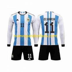 Camiseta de Fútbol Argentina 3 Stars Di Maria 11 Niño Casa Copa Mundial 2022 Manga Larga