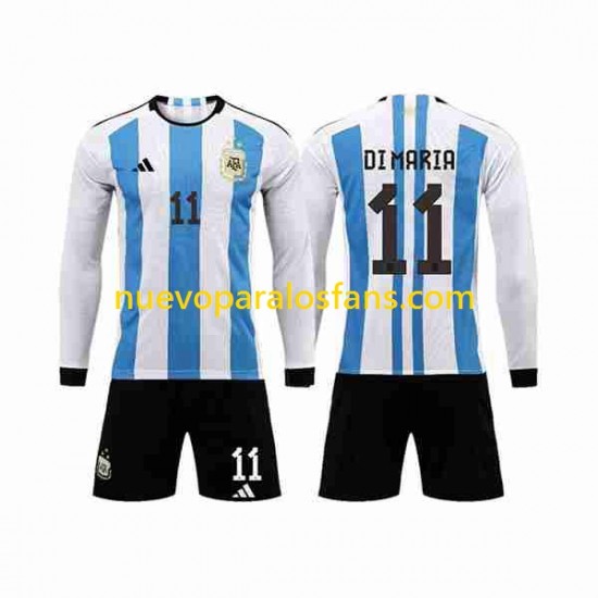 Camiseta de Fútbol Argentina 3 Stars Di Maria 11 Niño Casa Copa Mundial 2022 Manga Larga