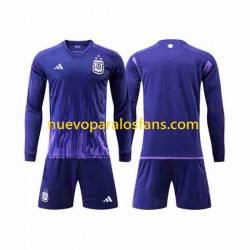 Camiseta de Fútbol Argentina 3 Stars Niño Exterior Copa Mundial 2022 Manga Larga