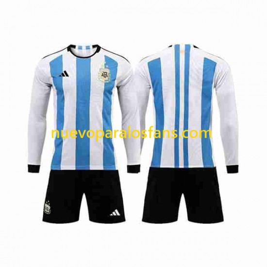 Camiseta de Fútbol Argentina 3 Stars Niño Casa Copa Mundial 2022 Manga Larga