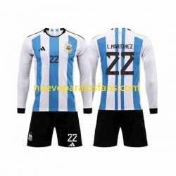 Camiseta de Fútbol Argentina 3 Stars Lautaro Martinez 22 Niño Casa Copa Mundial 2022 Manga Larga