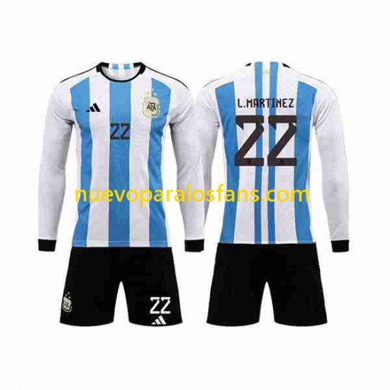 Camiseta de Fútbol Argentina 3 Stars Lautaro Martinez 22 Niño Casa Copa Mundial 2022 Manga Larga