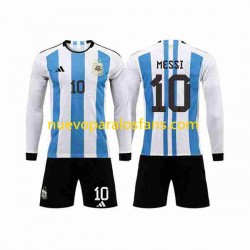 Camiseta de Fútbol Argentina 3 Stars Lionel Messi 10 Niño Casa Copa Mundial 2022 Manga Larga