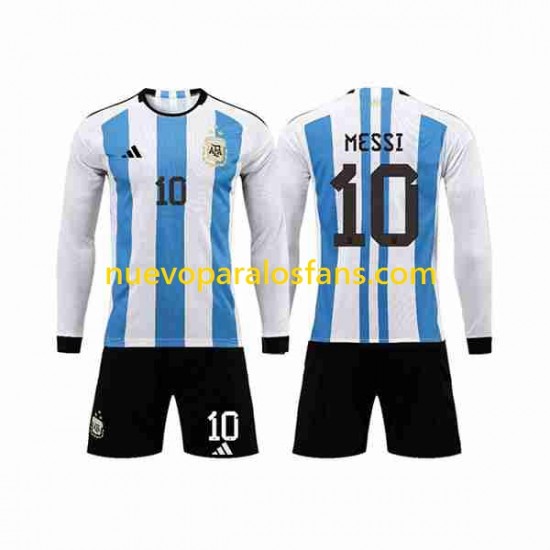 Camiseta de Fútbol Argentina 3 Stars Lionel Messi 10 Niño Casa Copa Mundial 2022 Manga Larga