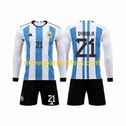 Camiseta de Fútbol Argentina 3 Stars Paulo Dybala 21 Niño Casa Copa Mundial 2022 Manga Larga