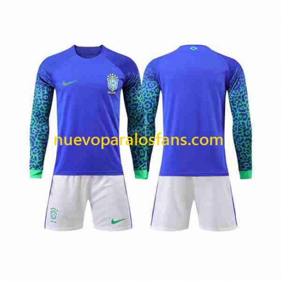 Camiseta de Fútbol Brasil Niño Exterior Copa Mundial 2022 Manga Larga