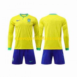 Camiseta de Fútbol Brasil Niño Casa Copa Mundial 2022 Manga Larga
