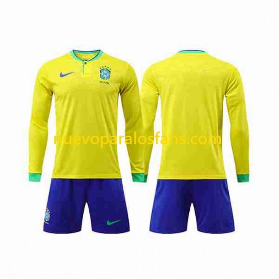 Camiseta de Fútbol Brasil Niño Casa Copa Mundial 2022 Manga Larga
