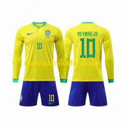 Camiseta de Fútbol Brasil Neymar Jr 10 Niño Casa Copa Mundial 2022 Manga Larga