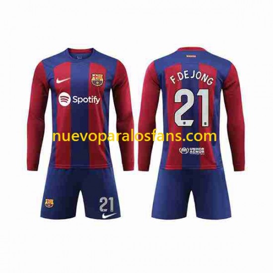 Camiseta de Fútbol FC Barcelona Frenkie de Jong 21 Niño Casa 2023-2024 Manga Larga