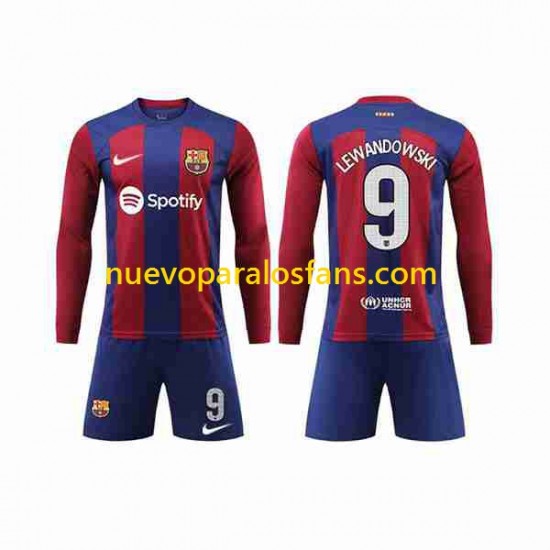 Camiseta de Fútbol FC Barcelona LEWANDOWSKI 9 Niño Casa 2023-2024 Manga Larga