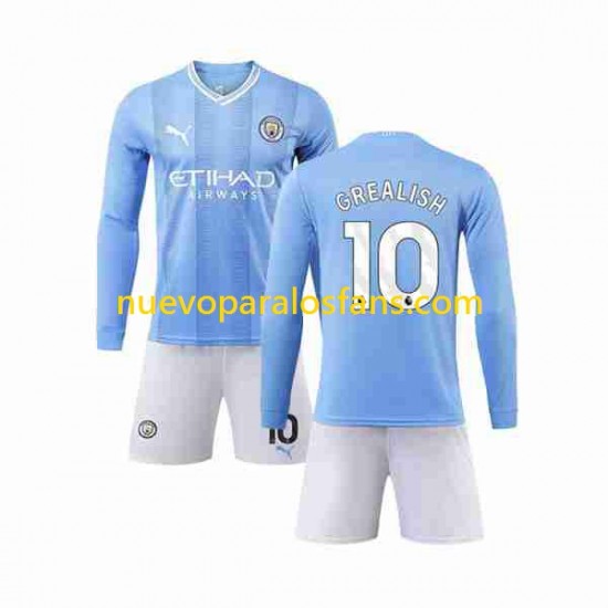 Camiseta de Fútbol Manchester City Grealish 10 Niño Casa 2023-2024 Manga Larga